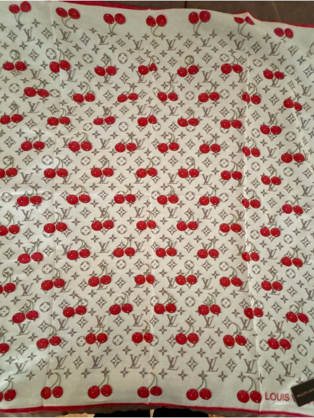 Cherry Monogram Silk Scarf - Red & Cream